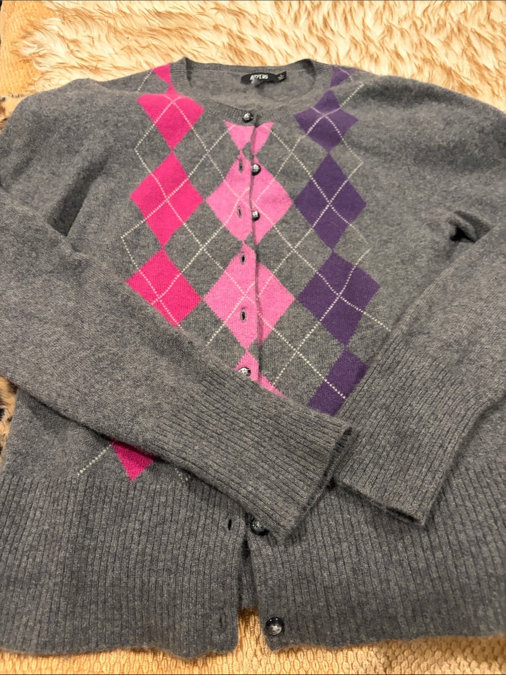 Apt. 9 Gray 100% Cashmere Cardigan with Pink & Purple Argyle